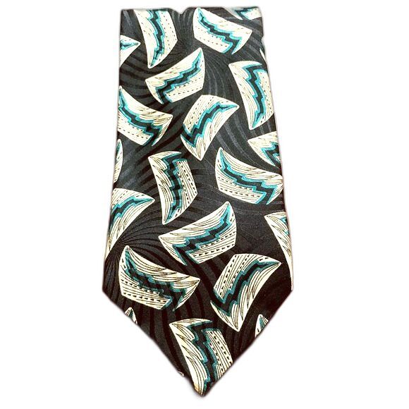 SWING Silk Vintage Bold Geometric Tie Black teal Beige 57 x 4 inches - Picture 2 of 8
